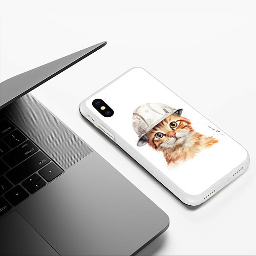 Чехол iPhone XS Max матовый Акварельный кот-строитель / 3D-Белый – фото 3