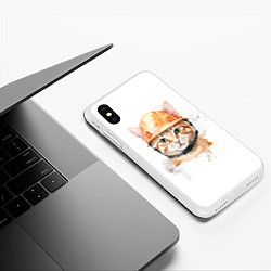 Чехол iPhone XS Max матовый Акварельный кот в строительной каске, цвет: 3D-белый — фото 2