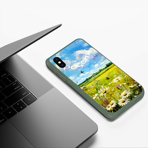 Чехол iPhone XS Max матовый Россия - летнее цветочное поле / 3D-Темно-зеленый – фото 3