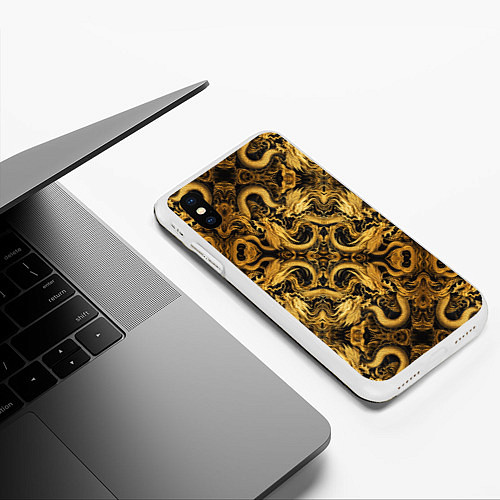 Чехол iPhone XS Max матовый Золотые китайские драконы / 3D-Белый – фото 3