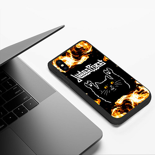 Чехол iPhone XS Max матовый Judas Priest рок кот и огонь / 3D-Черный – фото 3