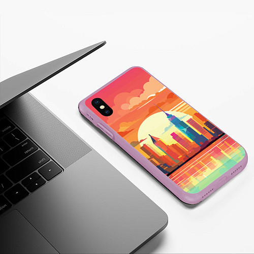 Чехол iPhone XS Max матовый Городской пейзаж на рассвете / 3D-Сиреневый – фото 3