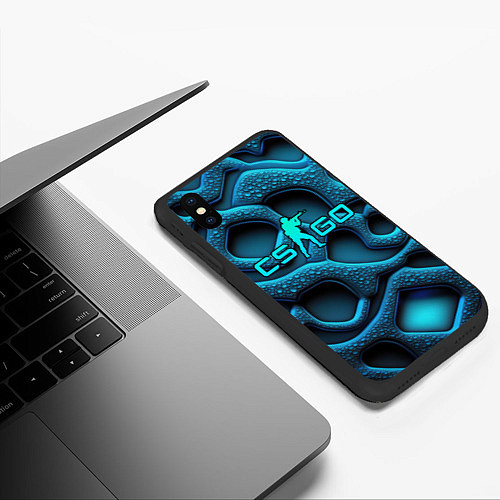 Чехол iPhone XS Max матовый CS GO blue neon logo / 3D-Черный – фото 3