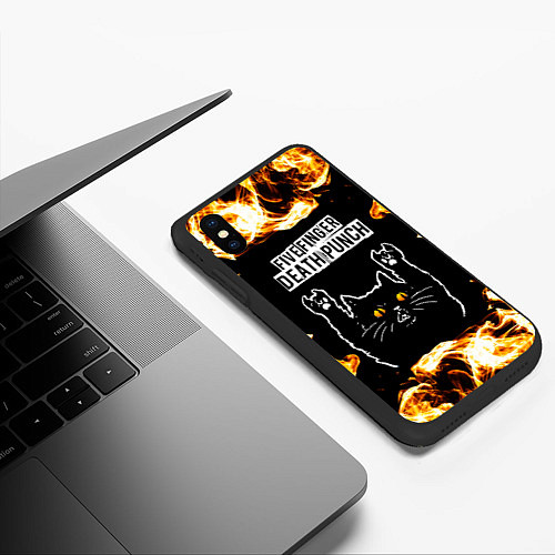 Чехол iPhone XS Max матовый Five Finger Death Punch рок кот и огонь / 3D-Черный – фото 3