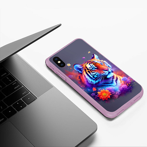 Чехол iPhone XS Max матовый Тигр и краски - нейросеть / 3D-Сиреневый – фото 3