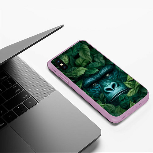 Чехол iPhone XS Max матовый Горилла в кустах джунгли / 3D-Сиреневый – фото 3