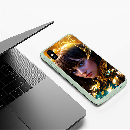 Чехол iPhone XS Max матовый Девушка в золотых латах / 3D-Салатовый – фото 3