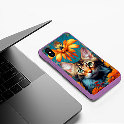 Чехол iPhone XS Max матовый Дикая кошка в цветах, цвет: 3D-фиолетовый — фото 2