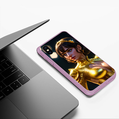 Чехол iPhone XS Max матовый Девушка в золотом чешуйчатом костюме / 3D-Сиреневый – фото 3