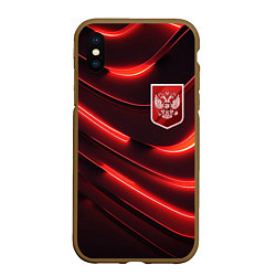 Чехол iPhone XS Max матовый Красный неоновый герб России, цвет: 3D-коричневый