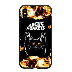 Чехол iPhone XS Max матовый Arctic Monkeys рок кот и огонь, цвет: 3D-черный
