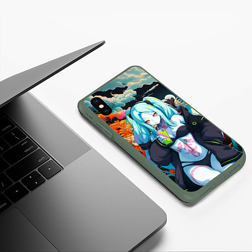 Чехол iPhone XS Max матовый Ребекка и дракон - Киберпанк аниме / 3D-Темно-зеленый – фото 3