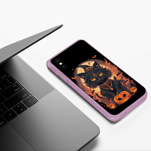 Чехол iPhone XS Max матовый Черный кот в хеллоуине / 3D-Сиреневый – фото 3