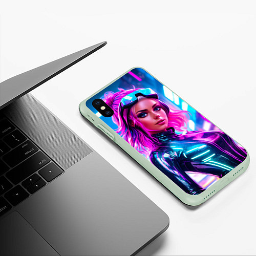 Чехол iPhone XS Max матовый Девушка в комбинезоне в неоновых тонах / 3D-Салатовый – фото 3