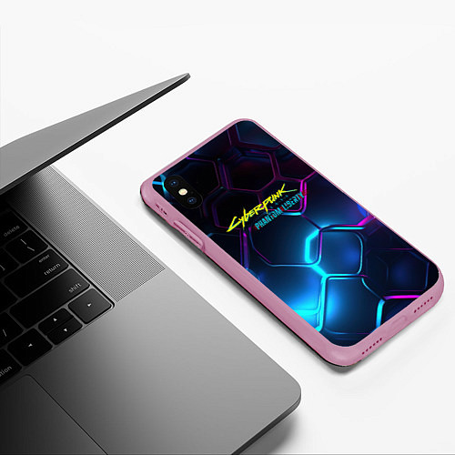 Чехол iPhone XS Max матовый Neon cyberpunk logo / 3D-Розовый – фото 3