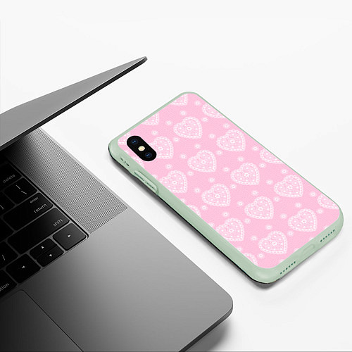 Чехол iPhone XS Max матовый Розовое кружево сердечки / 3D-Салатовый – фото 3