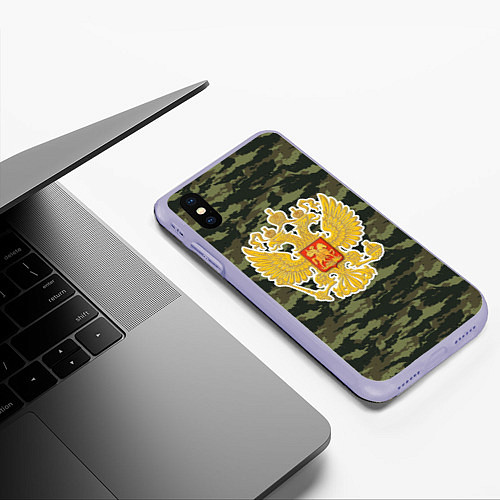 Чехол iPhone XS Max матовый Россия - герб и камуфляж / 3D-Светло-сиреневый – фото 3