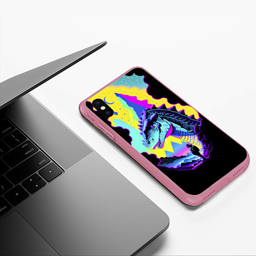 Чехол iPhone XS Max матовый Человек и динозавр - неоновое свечение / 3D-Малиновый – фото 3