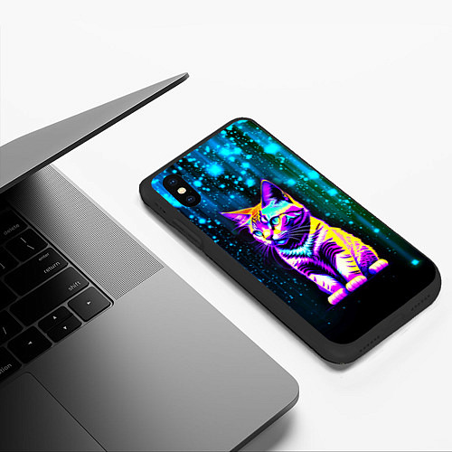 Чехол iPhone XS Max матовый Космический котёнок - звездопад / 3D-Черный – фото 3