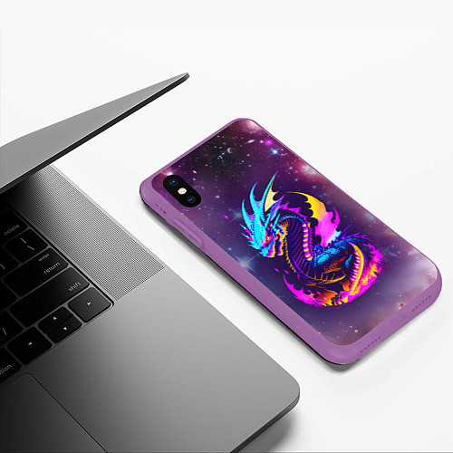 Чехол iPhone XS Max матовый Space dragon - neon glow - neural network / 3D-Фиолетовый – фото 3