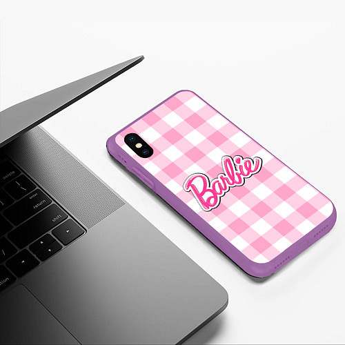 Чехол iPhone XS Max матовый Барби лого розовая клетка / 3D-Фиолетовый – фото 3