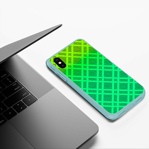 Чехол iPhone XS Max матовый Желто-зеленый градиентный фон с геометрическим узо / 3D-Мятный – фото 3