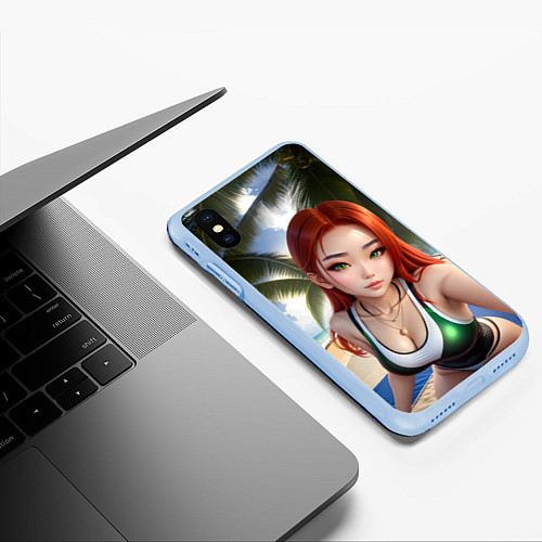 Чехол iPhone XS Max матовый Девушка с рыжими волосами на пляже / 3D-Голубой – фото 3