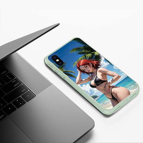 Чехол iPhone XS Max матовый Девушка с рыжими волосами на пляже / 3D-Салатовый – фото 3