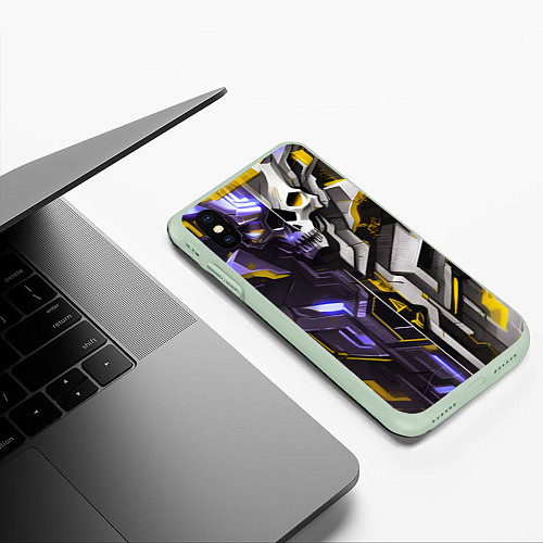 Чехол iPhone XS Max матовый Жёлтый киберпанк череп / 3D-Салатовый – фото 3