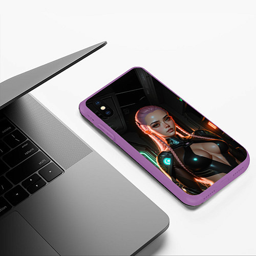 Чехол iPhone XS Max матовый Красивая девушка киберпанк / 3D-Фиолетовый – фото 3