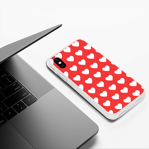 Чехол iPhone XS Max матовый Сердечки на красном фоне / 3D-Белый – фото 3