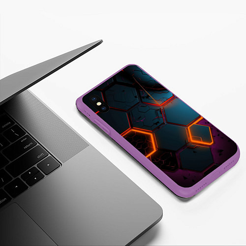 Чехол iPhone XS Max матовый Неоновые оранжевые плиты / 3D-Фиолетовый – фото 3