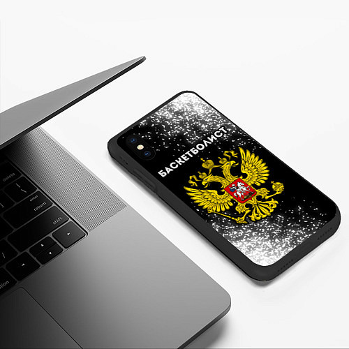 Чехол iPhone XS Max матовый Баскетболист из России и герб РФ / 3D-Черный – фото 3