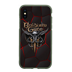 Чехол iPhone XS Max матовый Baldurs Gate 3 logo red black geometry, цвет: 3D-темно-зеленый