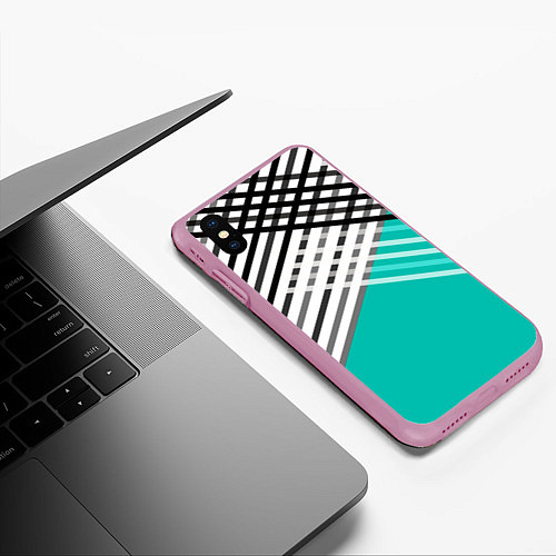 Чехол iPhone XS Max матовый Черно-белые переплетенные полосы на бирюзовом фоне / 3D-Розовый – фото 3
