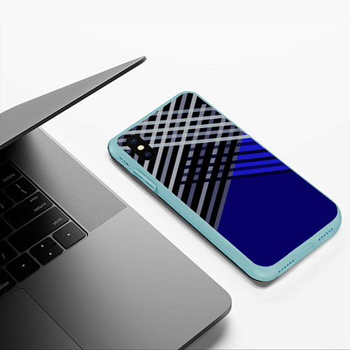 Чехол iPhone XS Max матовый Белые и серые полосы на синем фоне / 3D-Мятный – фото 3