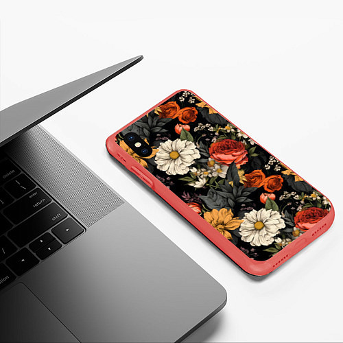 Чехол iPhone XS Max матовый Цветочный паттерн на черном / 3D-Красный – фото 3