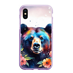 Чехол iPhone XS Max матовый Портрет медведя гризли с цветами акварелью, цвет: 3D-сиреневый
