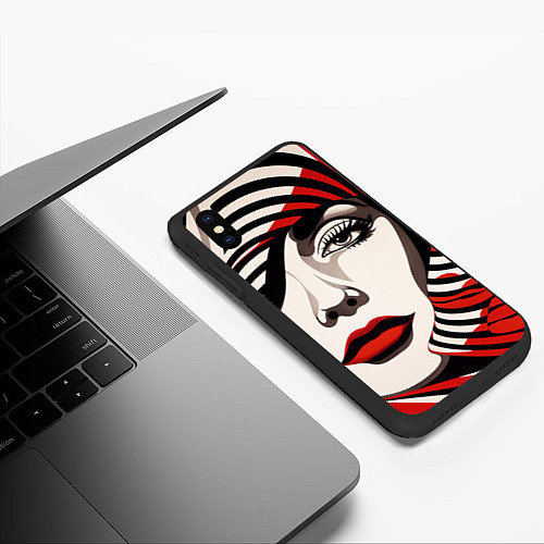 Чехол iPhone XS Max матовый Портрет девушки с красной помадой / 3D-Черный – фото 3