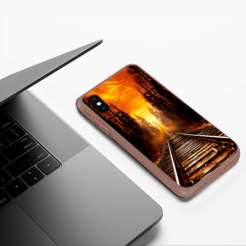 Чехол iPhone XS Max матовый Железная дорога на закате / 3D-Коричневый – фото 3