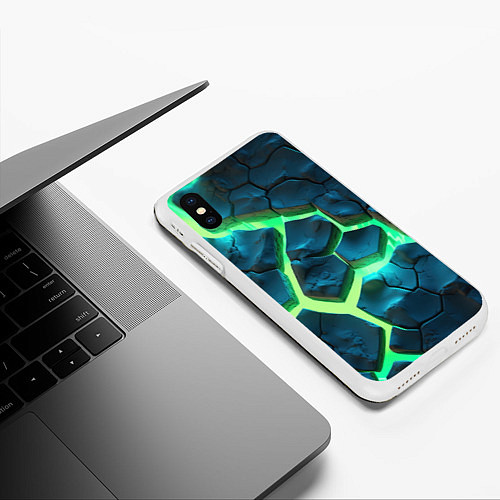 Чехол iPhone XS Max матовый Яркий зеленый разлом плит / 3D-Белый – фото 3