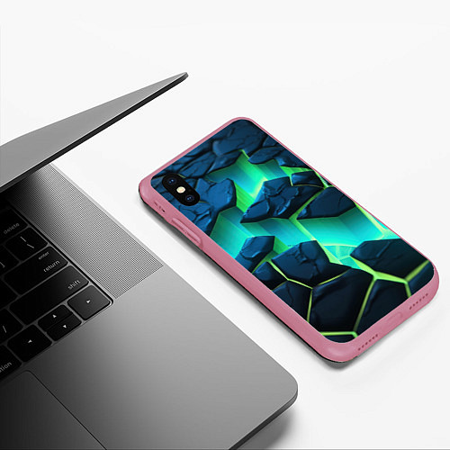 Чехол iPhone XS Max матовый Разлом объемных зеленых плит / 3D-Малиновый – фото 3