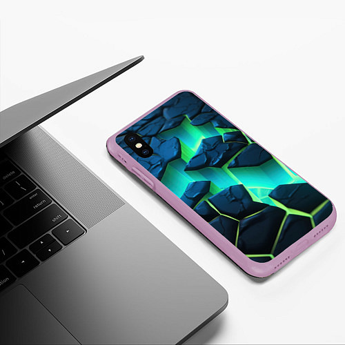 Чехол iPhone XS Max матовый Разлом объемных зеленых плит / 3D-Сиреневый – фото 3