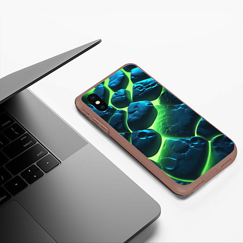 Чехол iPhone XS Max матовый Разлом зеленых плит с неоном / 3D-Коричневый – фото 3