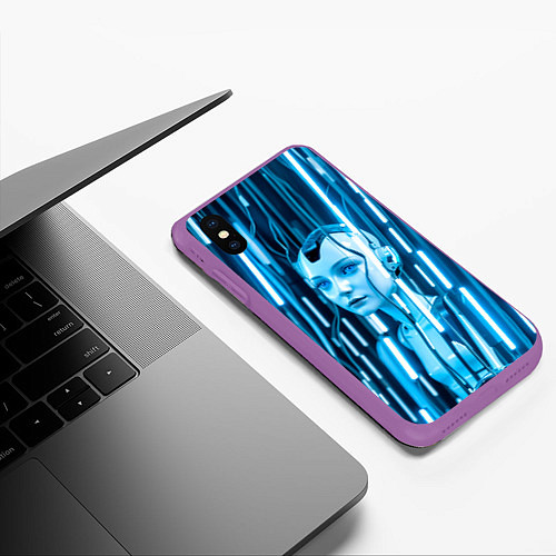 Чехол iPhone XS Max матовый Девушка биоробот среди проводов / 3D-Фиолетовый – фото 3