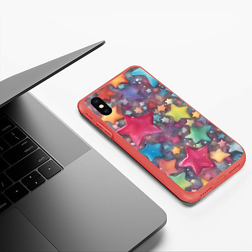 Чехол iPhone XS Max матовый Разноцветные новогодние звёзды / 3D-Красный – фото 3