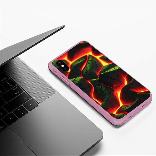Чехол iPhone XS Max матовый Зеленые плиты и лава / 3D-Розовый – фото 3