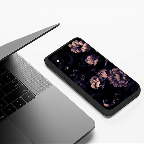 Чехол iPhone XS Max матовый Цветы приглушенный чёрный / 3D-Черный – фото 3