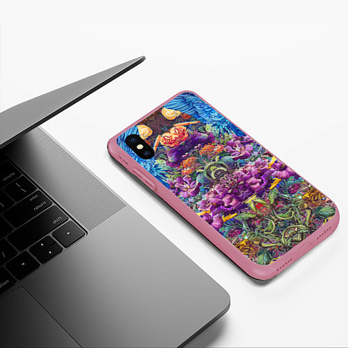 Чехол iPhone XS Max матовый Зеркальный цветочный паттерн с птицами - мода - не / 3D-Малиновый – фото 3