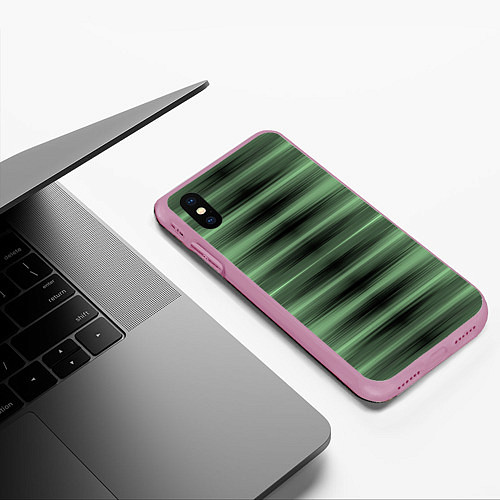 Чехол iPhone XS Max матовый Зеленый полосатый градиент / 3D-Розовый – фото 3
